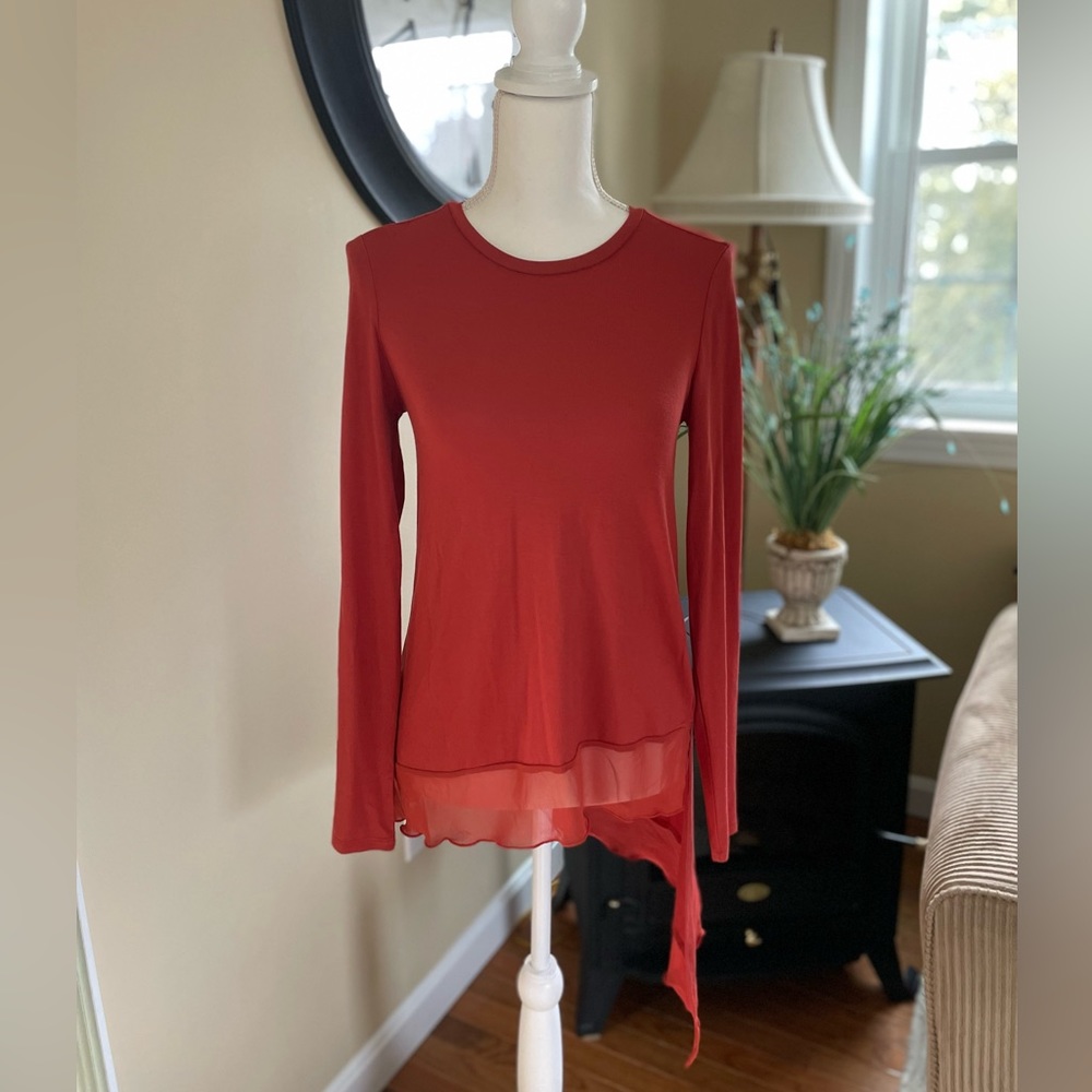 BCBGMAXAZRIA Burnt Sienna Asymmetrical Long Sleeve Top